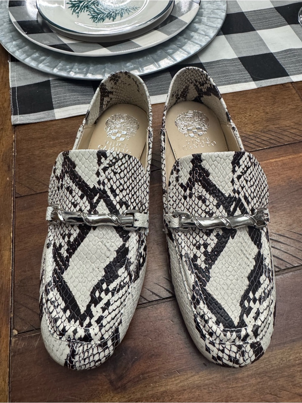Vince Camuto Women's Snake-Print Loafers in Cream & Black with Silver Bit size 6